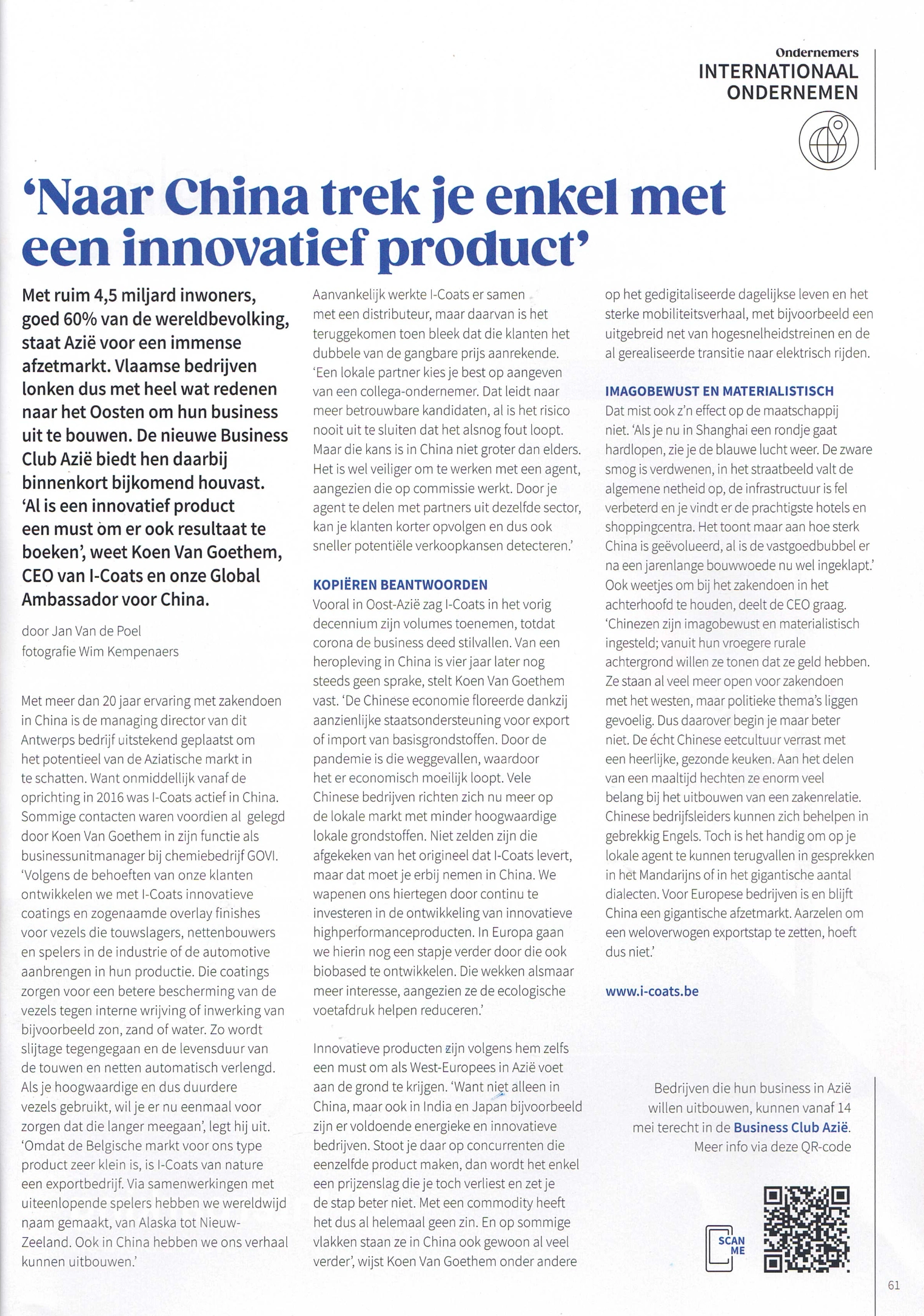 VOKA article interview Koen Van Goethem CEO I-Coats